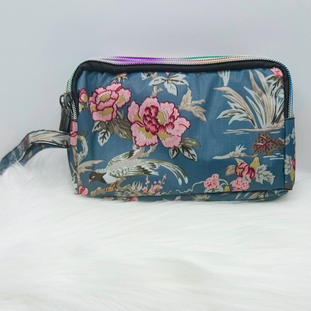 Floral Print Small Purse or Makeup Cosmetic Wristlet Blue 1